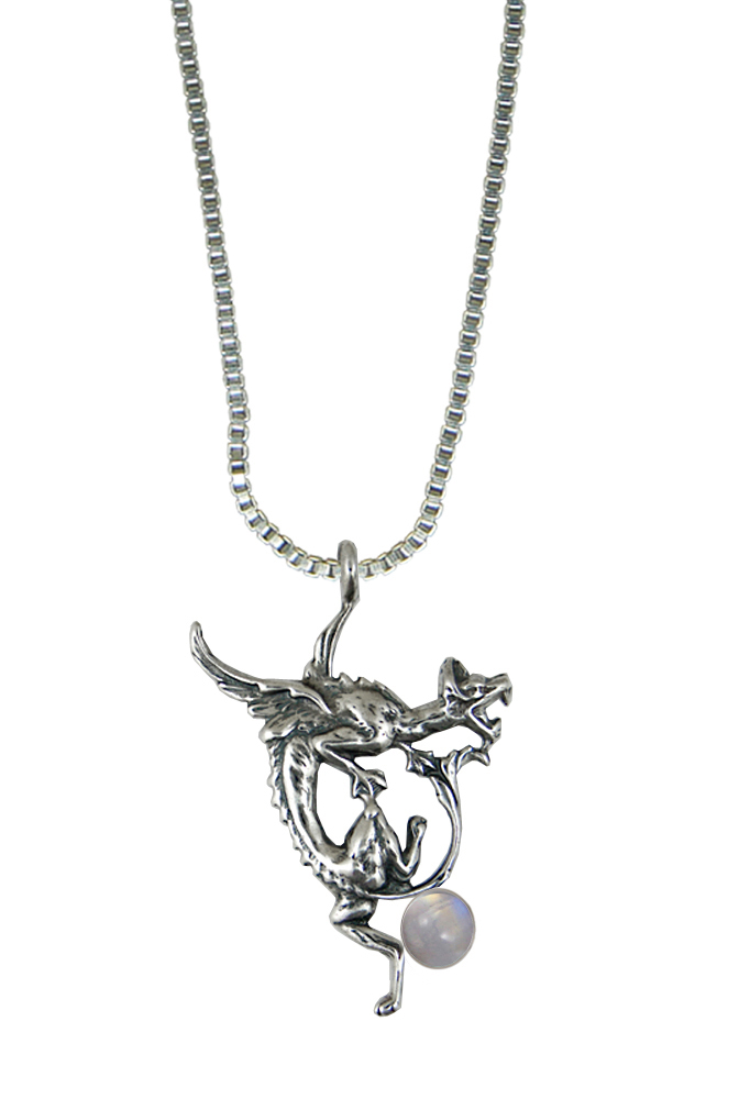 Sterling Silver Roaring Dragon Pendant With Rainbow Moonstone